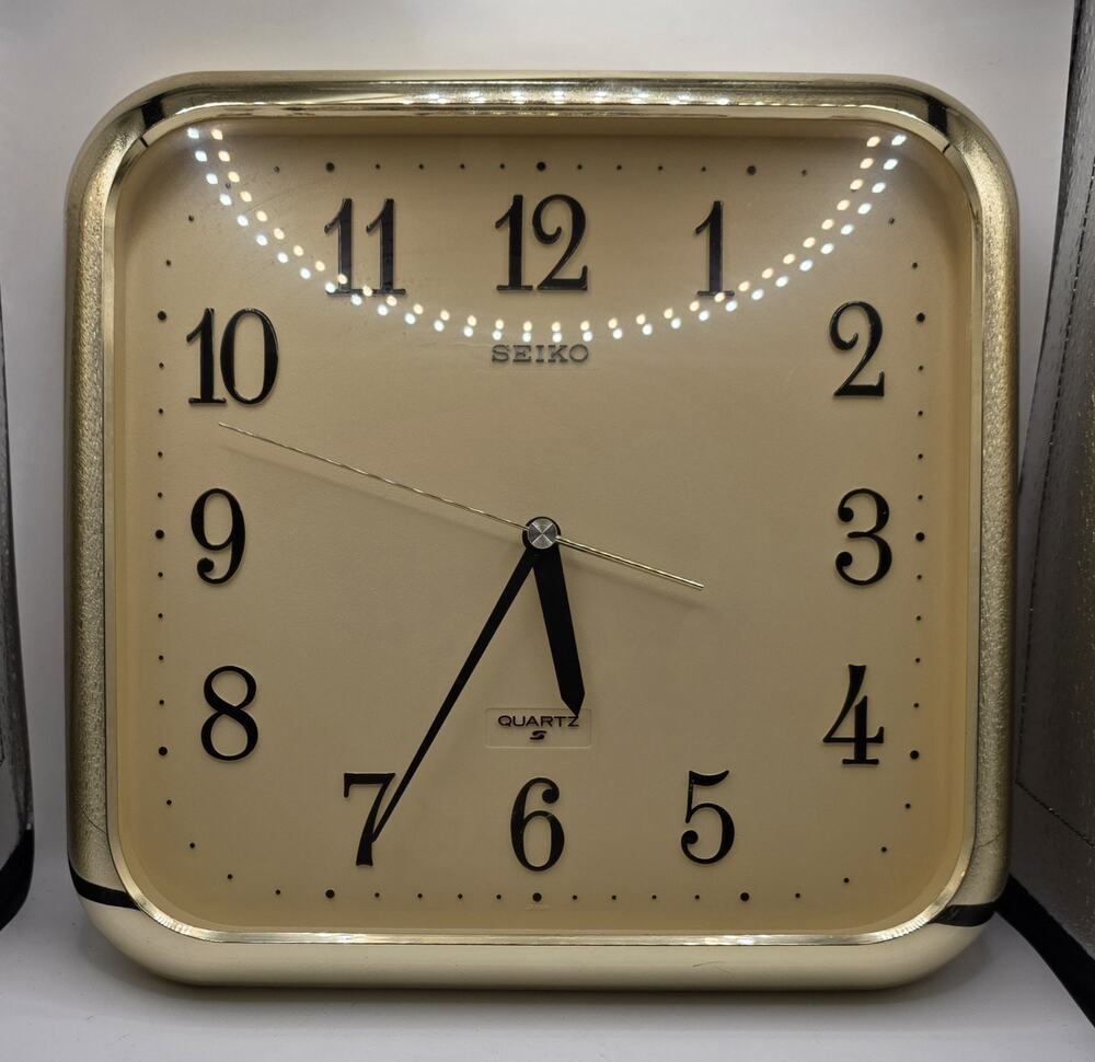 Vintage Seiko Quartz Wall Clock Square Gold Chrome Boader Works.